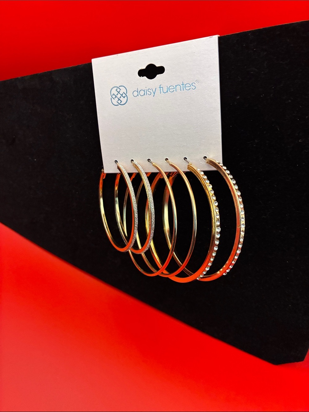 Daisy Fuentes Gold Multi-Hoop Earring Set with Rhinestone Detail